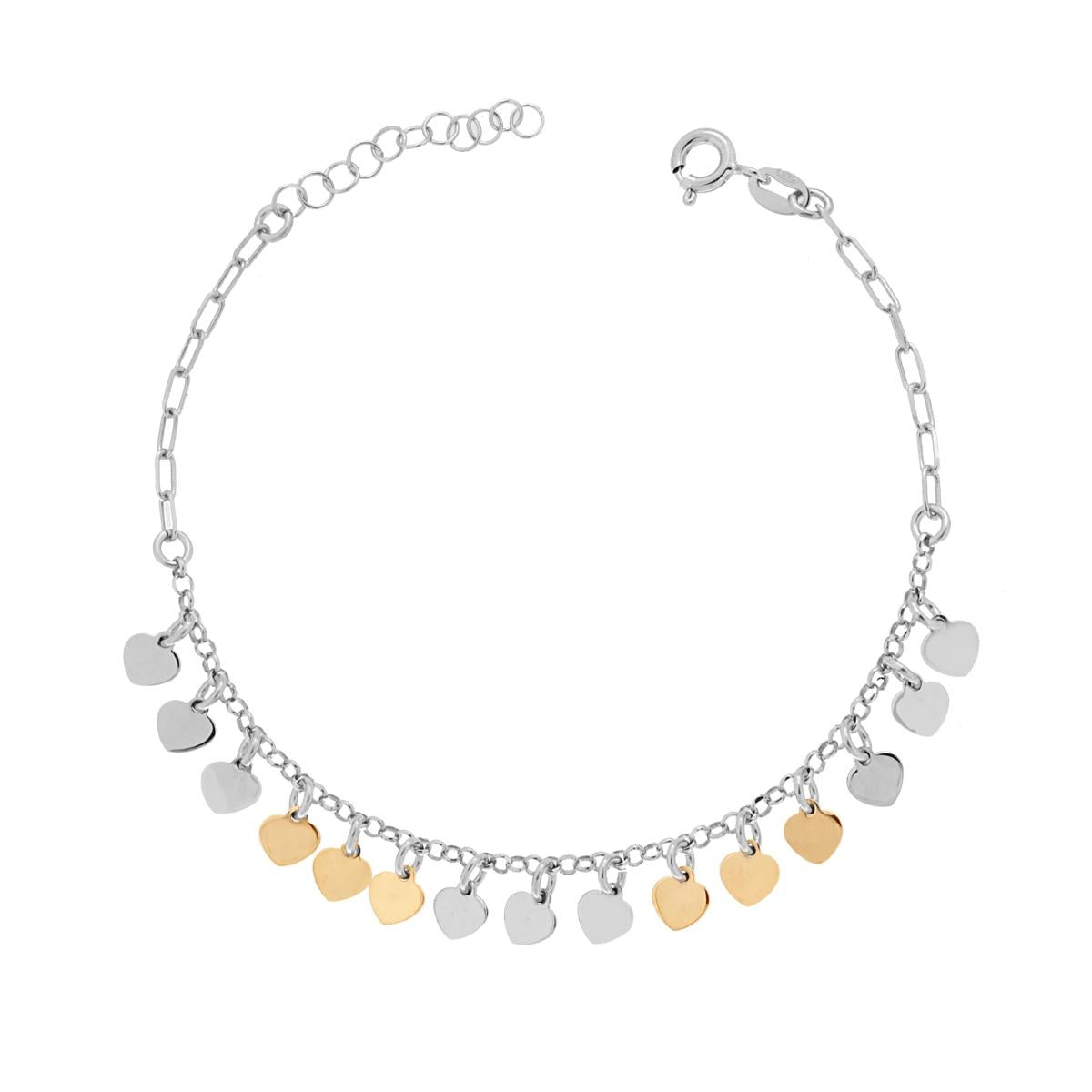 Bracciale Catena Forzatina allungata con Cuori plain pendenti in ARGENTO 925 Galvanica Rodio e Oro