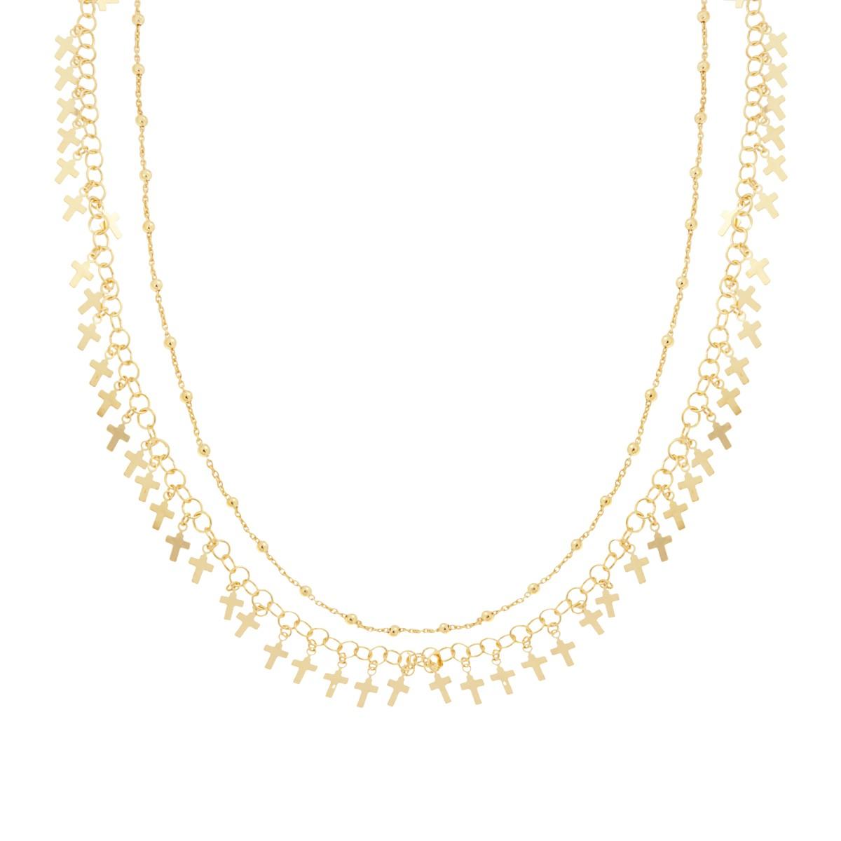 Collana due fili Catena Forzatina Diamantata e Palline lisce con Croci plain pendenti in ARGENTO 925 Galvanica Oro
