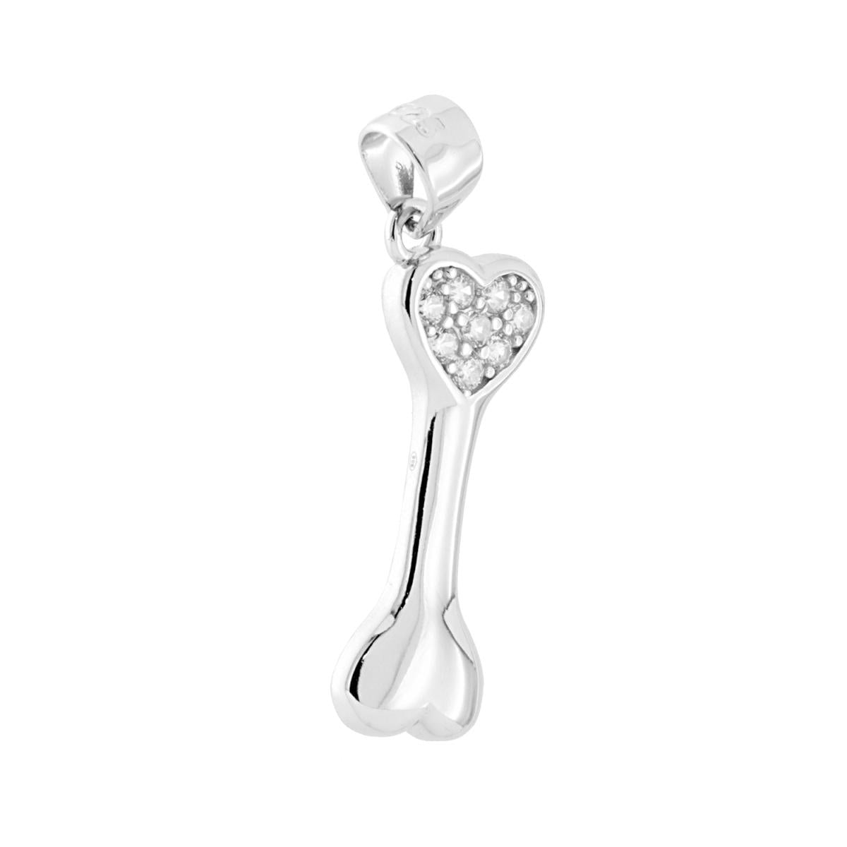 Ciondolo Cuore Osso per Cane con Cubic Zirconia Bianchi in ARGENTO 925 Galvanica Rodio