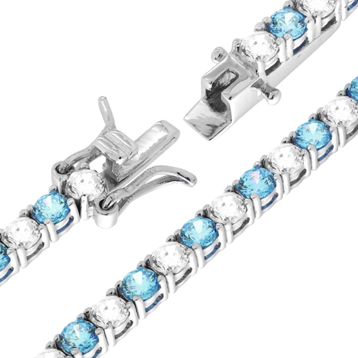 Bracciale Tennis Griffe cm 18 con Zirconi mm 3 Bianchi e Acquamarina alternati in ARGENTO 925 Galvanica Rodio