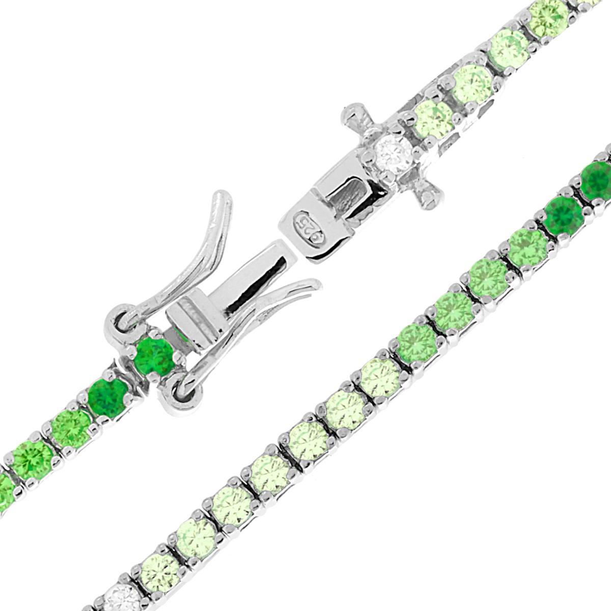 Bracciale Tennis Griffe cm 18 con Zirconi mm 2 Multicolor gradazione Verde Smeraldo in ARGENTO 925 Galvanica Rodio