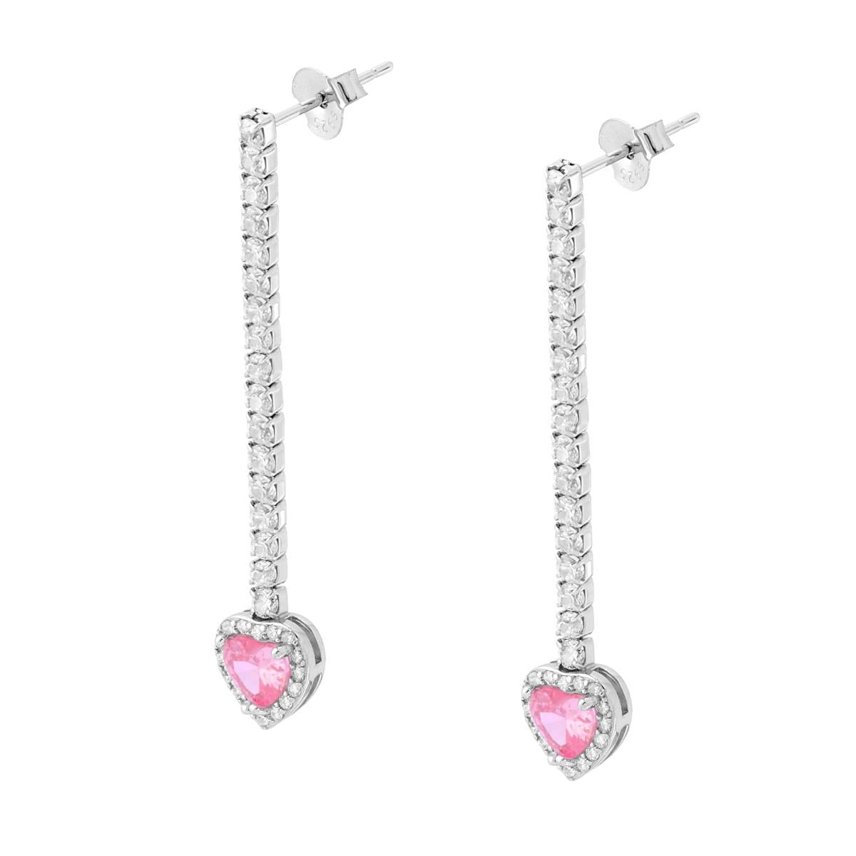 Orecchini Tennis Lunghi con Cuore pendente Rosa contornato da Cubic Zirconia Bianchi in ARGENTO 925 Galvanica Rodio