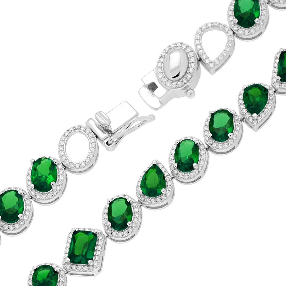 Bracciale Tennis Griffe cm 18 con Gocce Ovali e Rettangoli Verde Smeraldo contornati con Cubic Zirconia Bianchi in ARGENTO 925 Galvanica Rodio