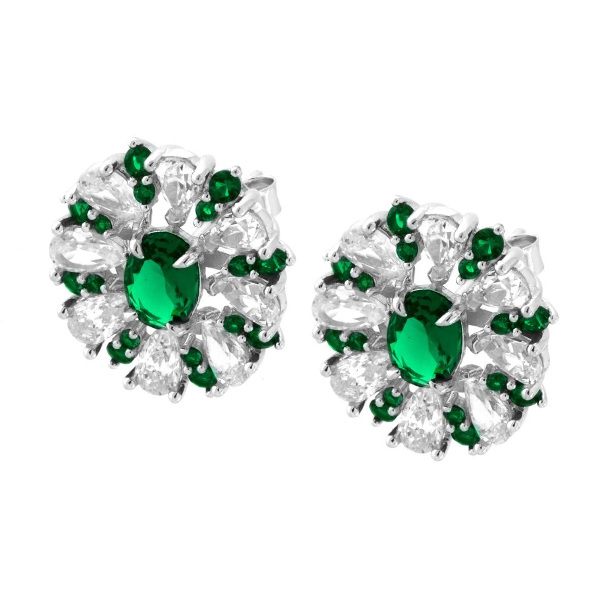 Orecchini Fiore Ovale con Cubic Zirconia Verde Smeraldo e Bianchi in ARGENTO 925 Galvanica Rodio