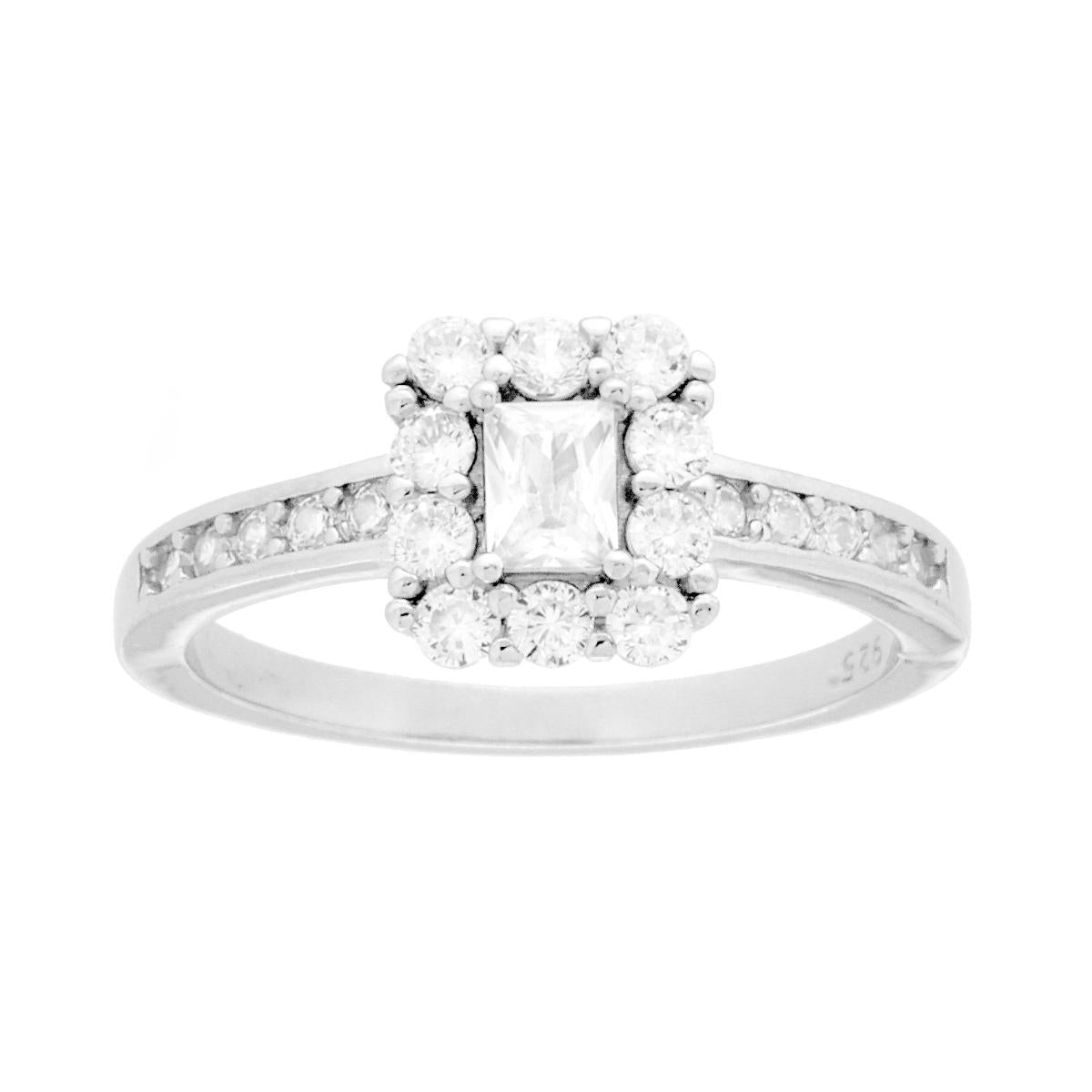 Anello Solitario con Cubic Zirconia Bianco Rettangolare in ARGENTO 925 Galvanica Rodio<BR>