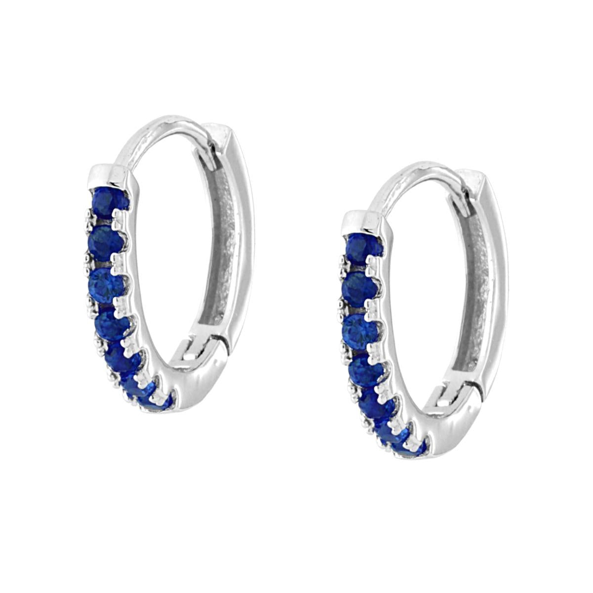 Orecchini Cerchio mm 13 con Cubic Zirconia Blu Zaffiro in ARGENTO 925 Galvanica Rodio