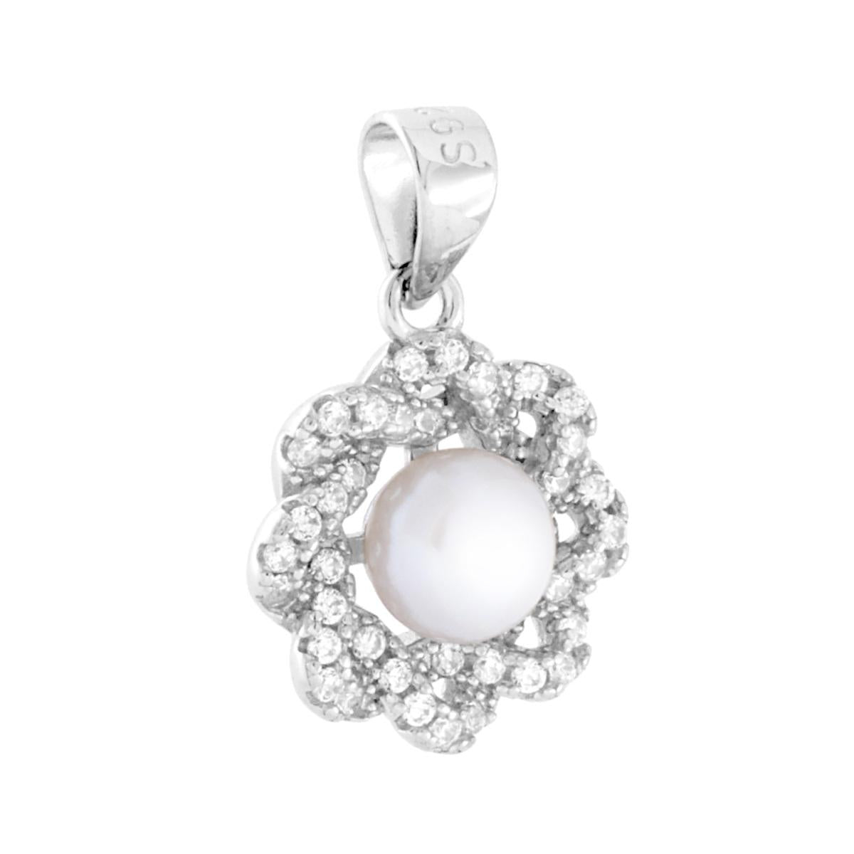 Ciondolo con Perla di Fiume contornata da Treccia di Cubic Zirconia Bianchi in ARGENTO 925 Galvanica Rodio