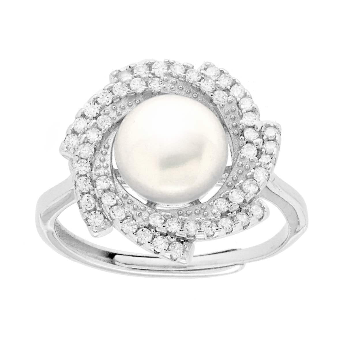 Anello Perla di Fiume con Vortice Cubic Zirconia Bianchi in ARGENTO 925 Galvanica Rodio