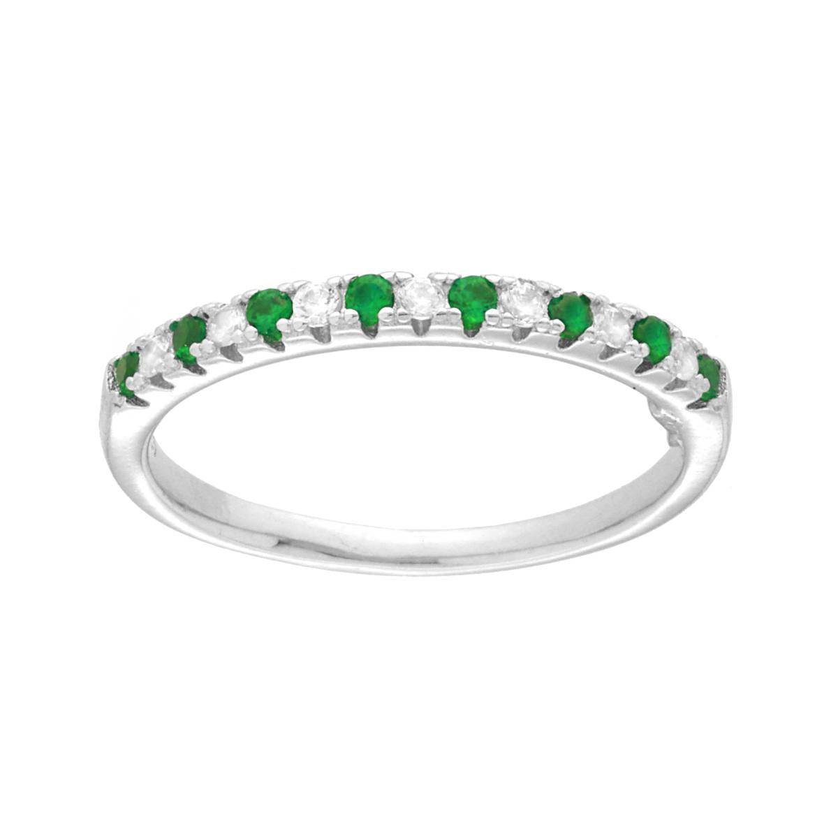 Anello Veretta con Cubic Zirconia alternati Verde Smeraldo e Bianchi in ARGENTO 925 Galvanica Rodio