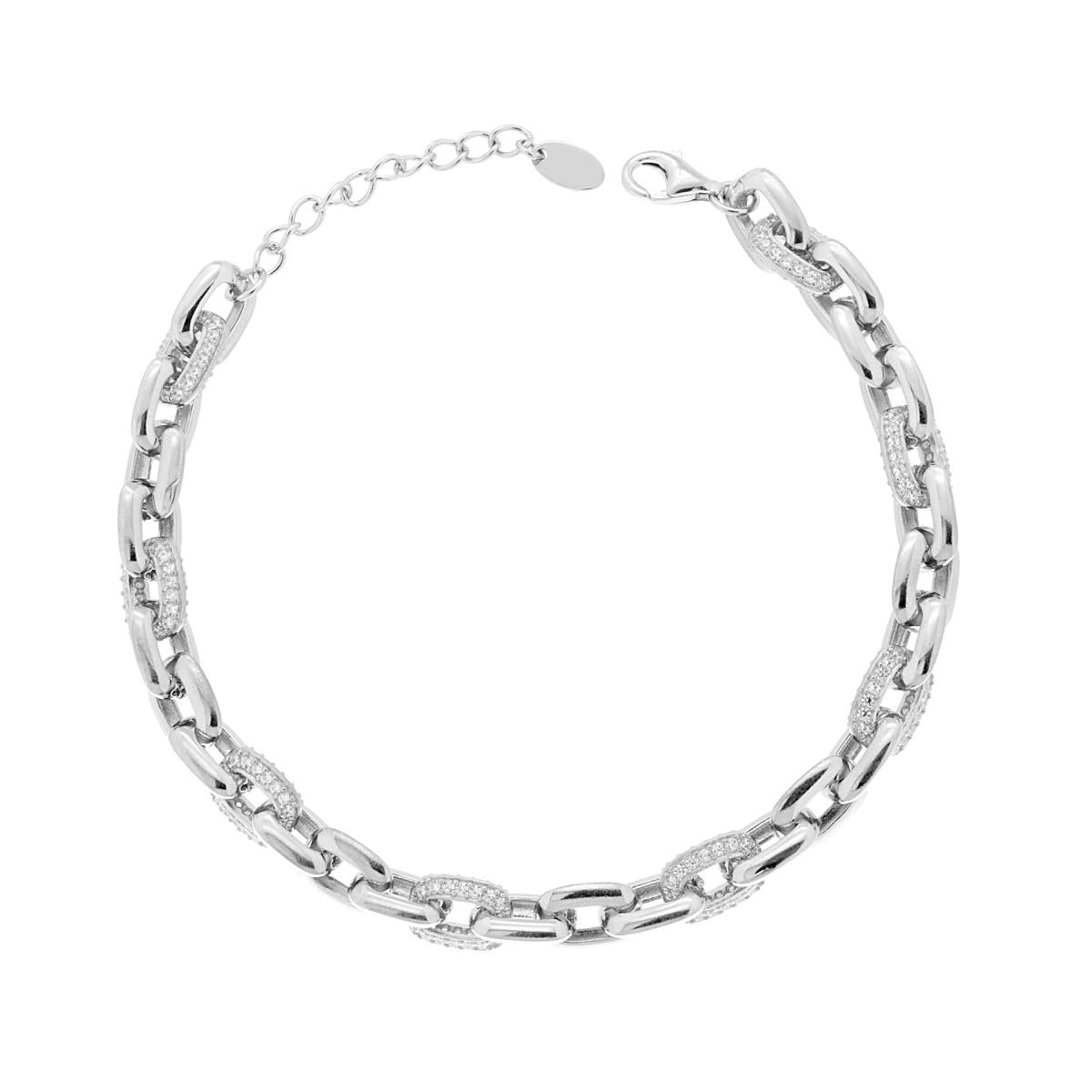 Bracciale Catena Forzatina con Cubic Zirconia Bianchi in ARGENTO 925 Galvanica Rodio