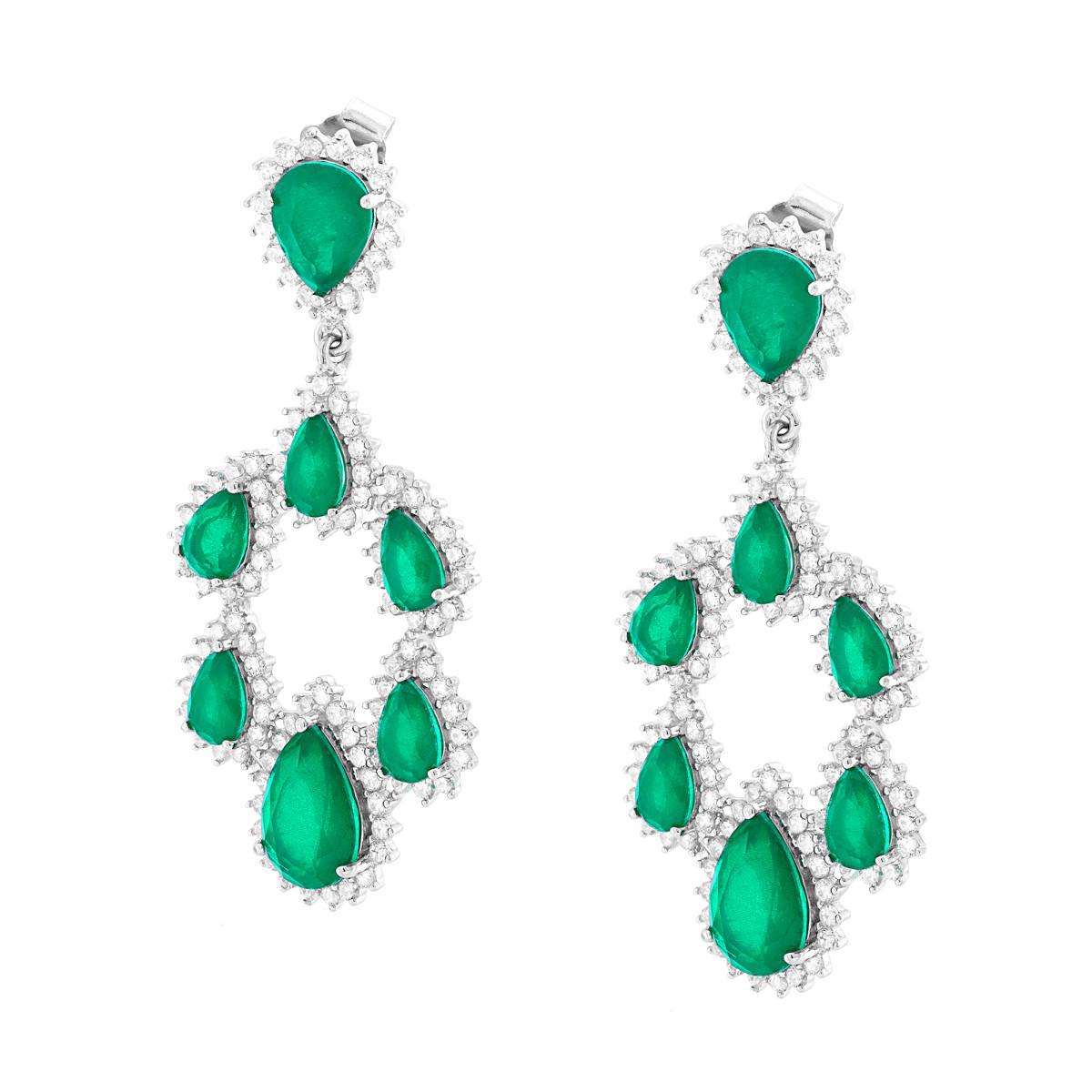 Orecchini Chandelier con Goccie pendenti con Pietre Naturali Verde Smeraldo contornate da Cubic Zirconia Bianchi in ARGENTO 925 Galvanica Rodio