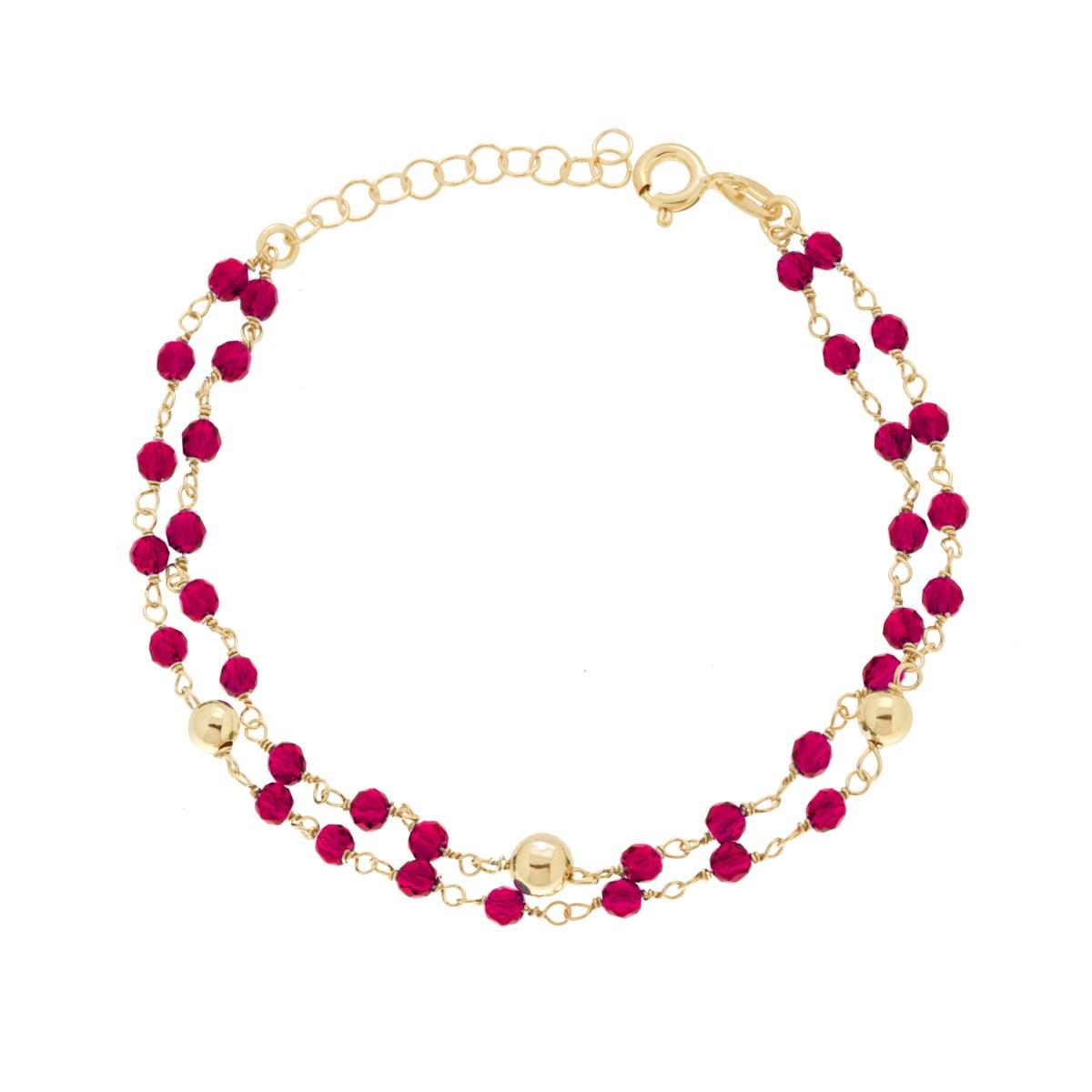 Bracciale due fili Catena con Crystal Rosso e Palline in ARGENTO 925 Galvanica Oro