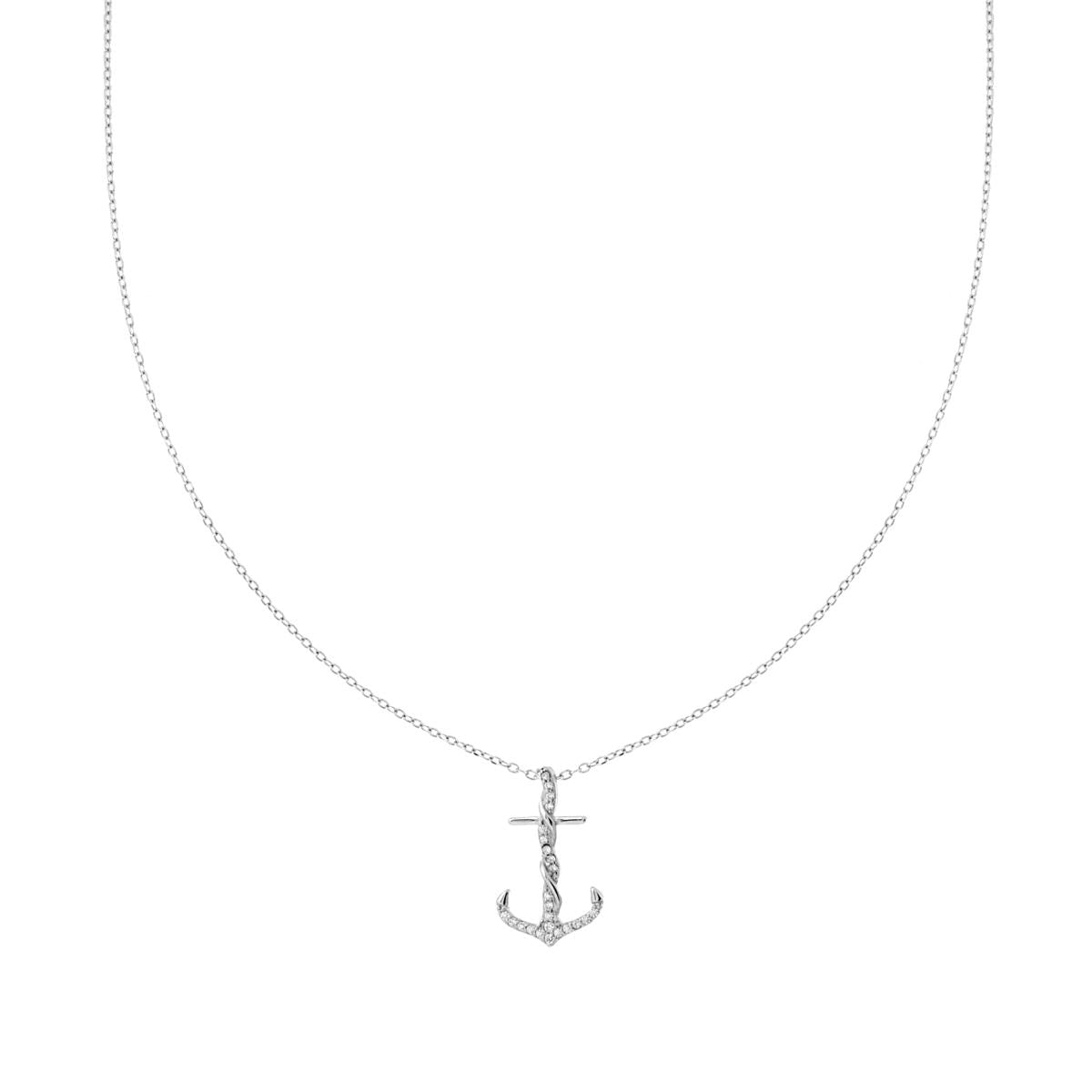 Collana Catena Forzatina Diamantata con Ancora e Cubic Zirconia Bianchi in ARGENTO 925 Galvanica Rodio