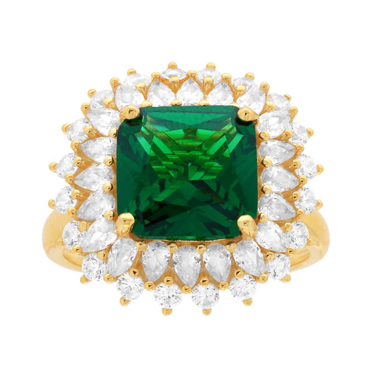 Anello Solitario Quadrato Verde Smeraldo contornato con Cubic Zirconia Bianchi in ARGENTO 925 Galvanica Oro