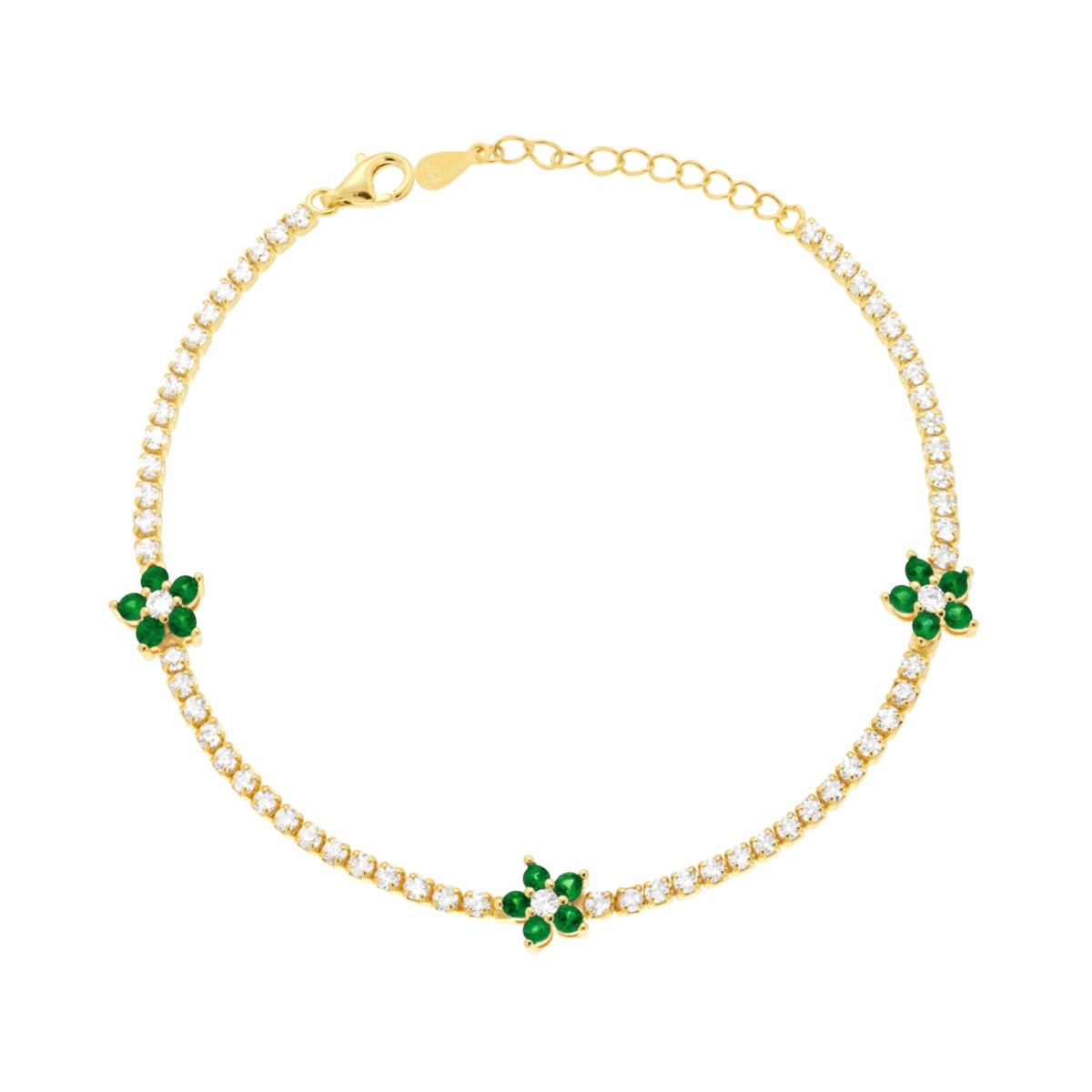 Bracciale Tennis Griffe cm 17+3 con Cubic Zirconia Bianchi e Fiori con Cubic Zirconia Verde Smeraldo in ARGENTO 925 Galvanica Oro