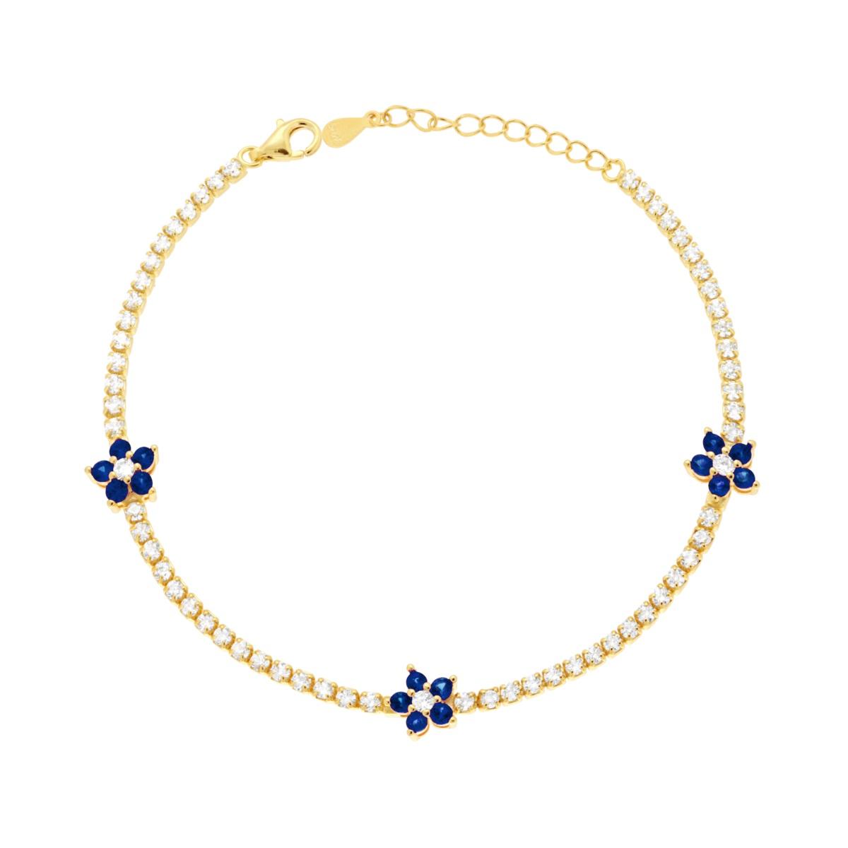 Bracciale Tennis Griffe cm 17+3 con Cubic Zirconia Bianchi e Fiori con Cubic Zirconia Blu Zaffiro in ARGENTO 925 Galvanica Oro