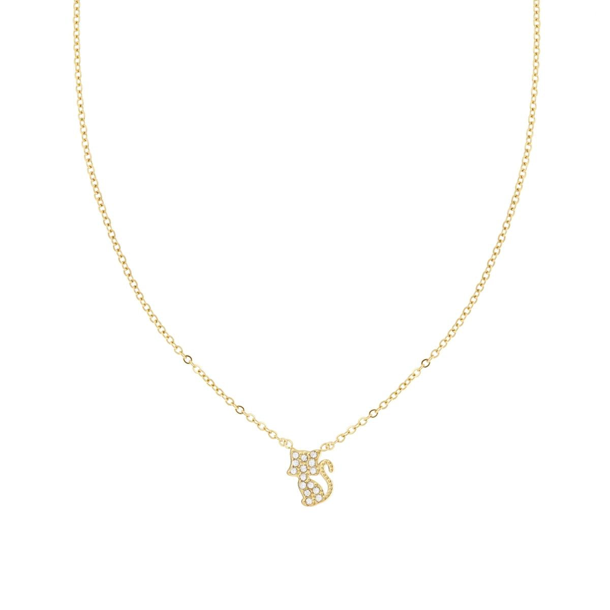 Collana Catena Forzatina Diamantata con Gatto e Crystal Bianchi in ACCIAIO colore Oro