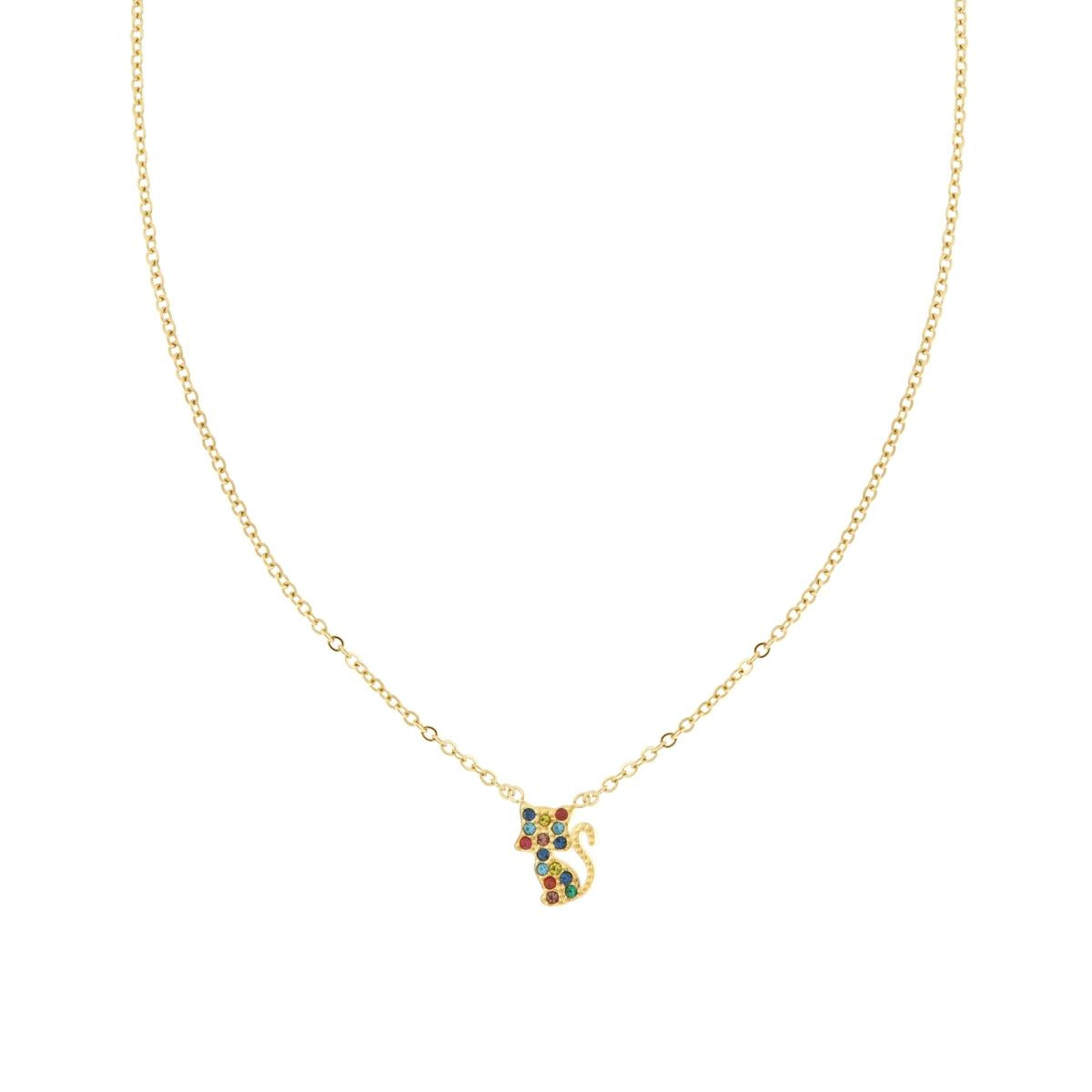 Collana Catena Forzatina Diamantata con Gatto e Crystal Multicolor in ACCIAIO colore Oro