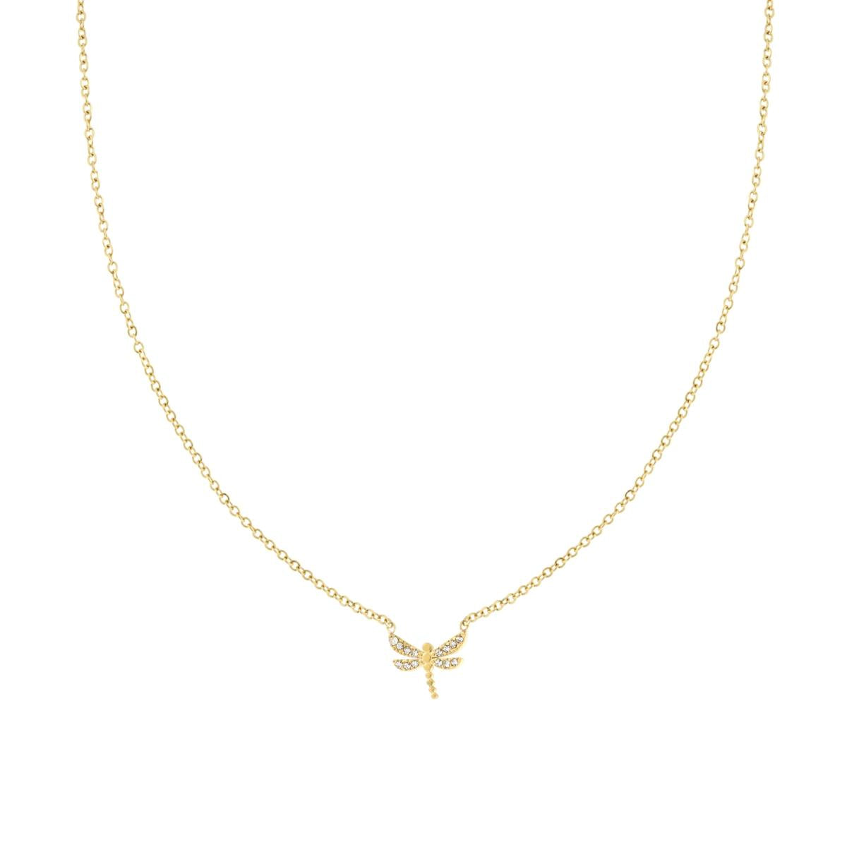 Collana Catena Forzatina Diamantata con Libellula e Crystal Bianchi in ACCIAIO colore Oro
