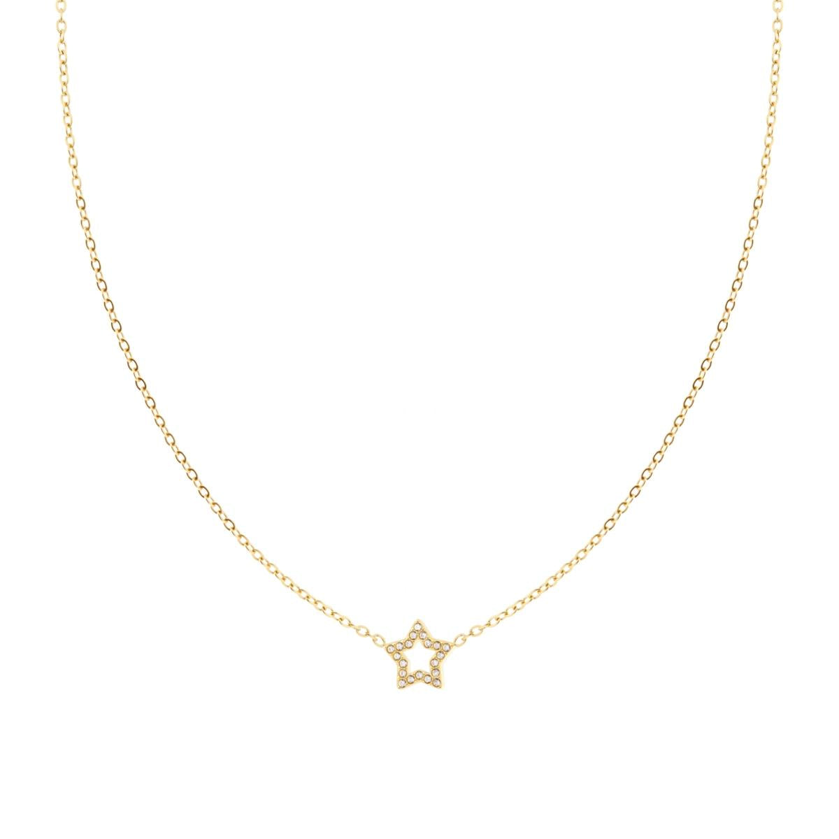 Collana Catena Forzatina Diamantata con Stella traforata e Crystal Bianchi in ACCIAIO colore Oro