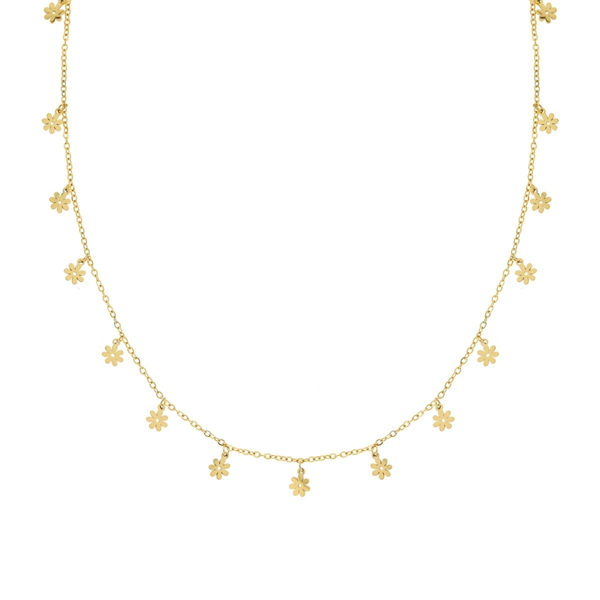 Collana Catena Forzatina Diamantata con Fiori plain pendenti in ACCIAIO colore Oro