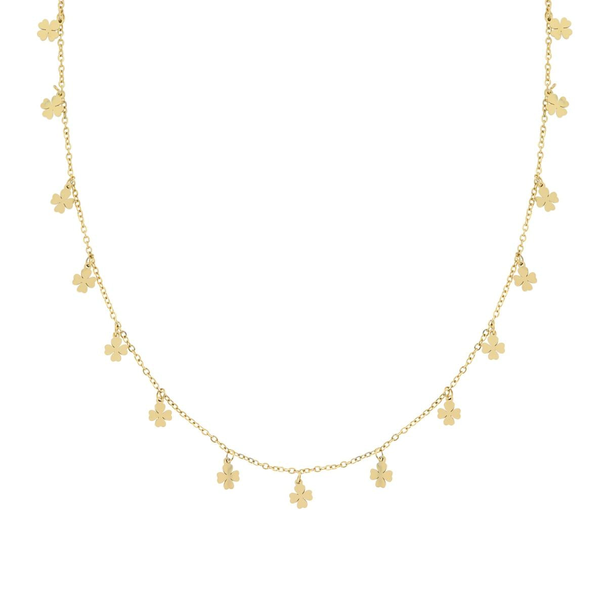 Collana Catena Forzatina Diamantata con Quadrifogli plain pendenti in ACCIAIO colore Oro
