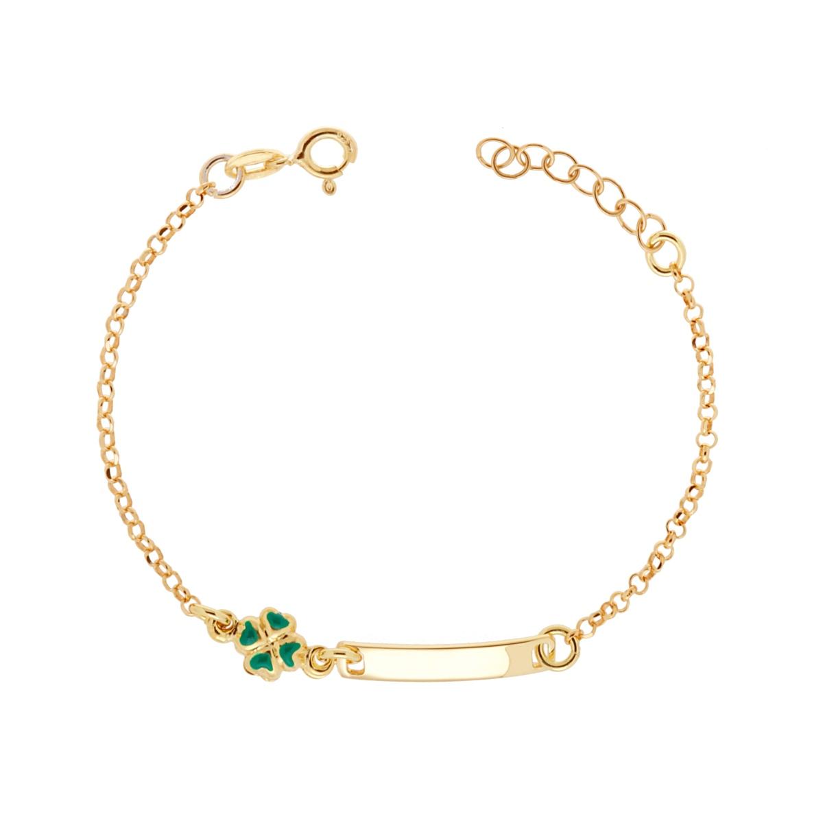 Bracciale Bimbo Bimba con Catena Rolo Diamantata Targa plain e Quadrifoglio smalto Verde in ARGENTO 925 Galvanica Oro