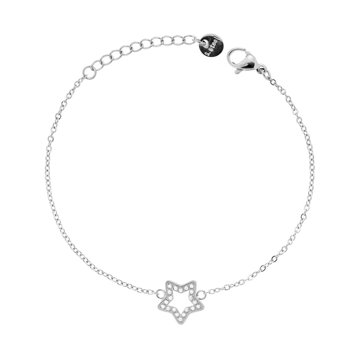 Bracciale Catena Forzatina Diamantata con Stella e Crystal Bianchi in ACCIAIO