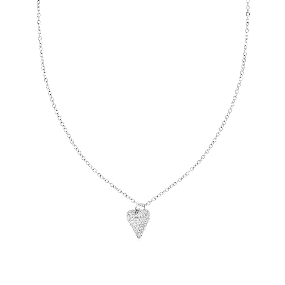 Collana Catena Forzatina Diamantata con Cuore bombato e Crystal Bianchi in ACCIAIO e OTTONE