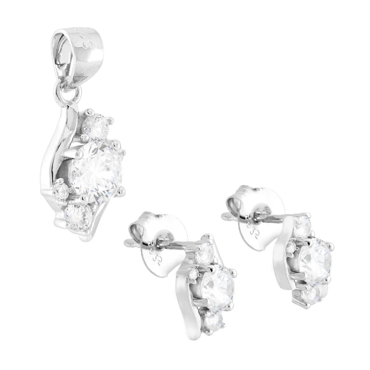 Parure Set Orecchini e Ciondolo Foglia Punto Luce con Cubic Zirconia Bianchi in ARGENTO 925 Galvanica Rodio