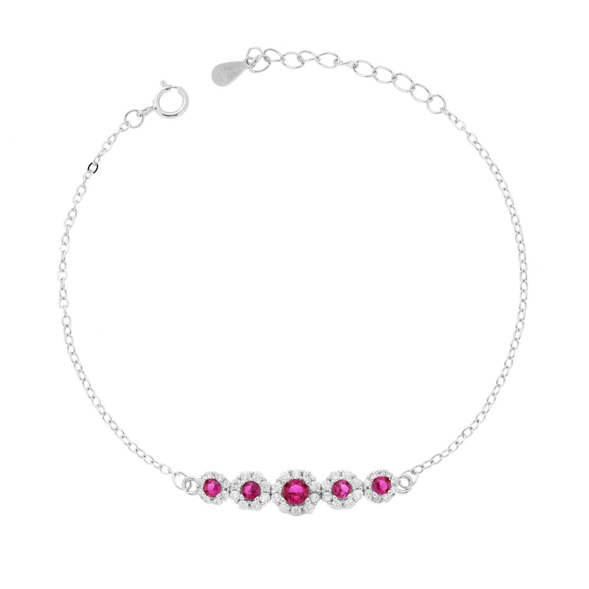 Bracciale Catena Forzatina Diamantata con Fiori Cubic Zirconia Rosso Rubino e Bianchi in ARGENTO 925 Galvanica Rodio