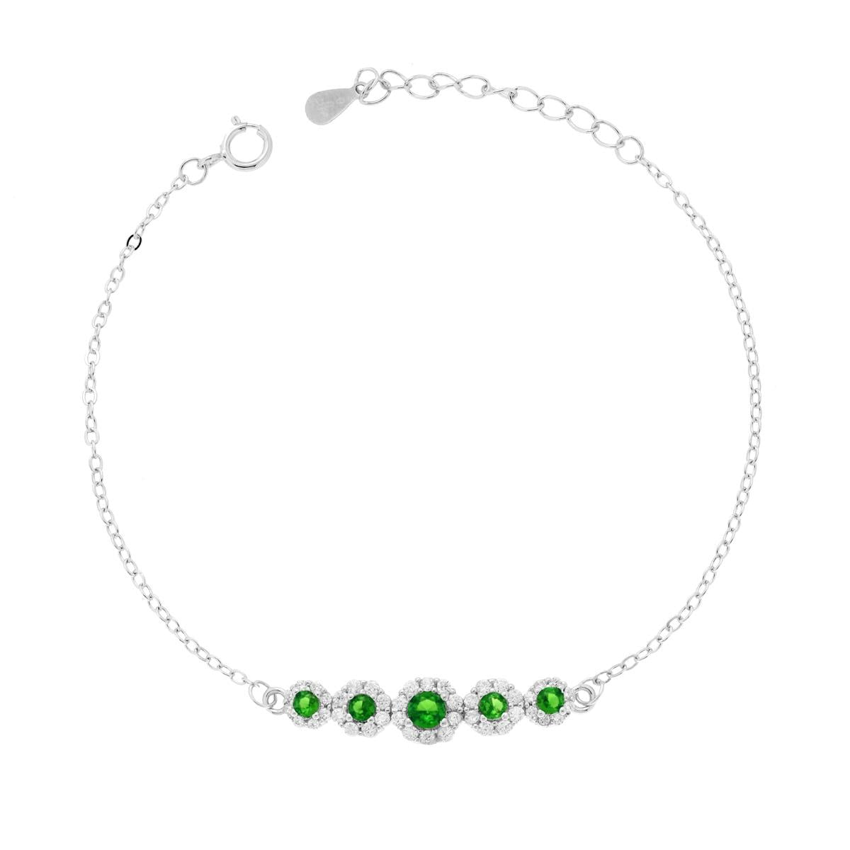 Bracciale Catena Forzatina Diamantata con Fiori Cubic Zirconia Verde Smeraldo e Bianchi in ARGENTO 925 Galvanica Rodio