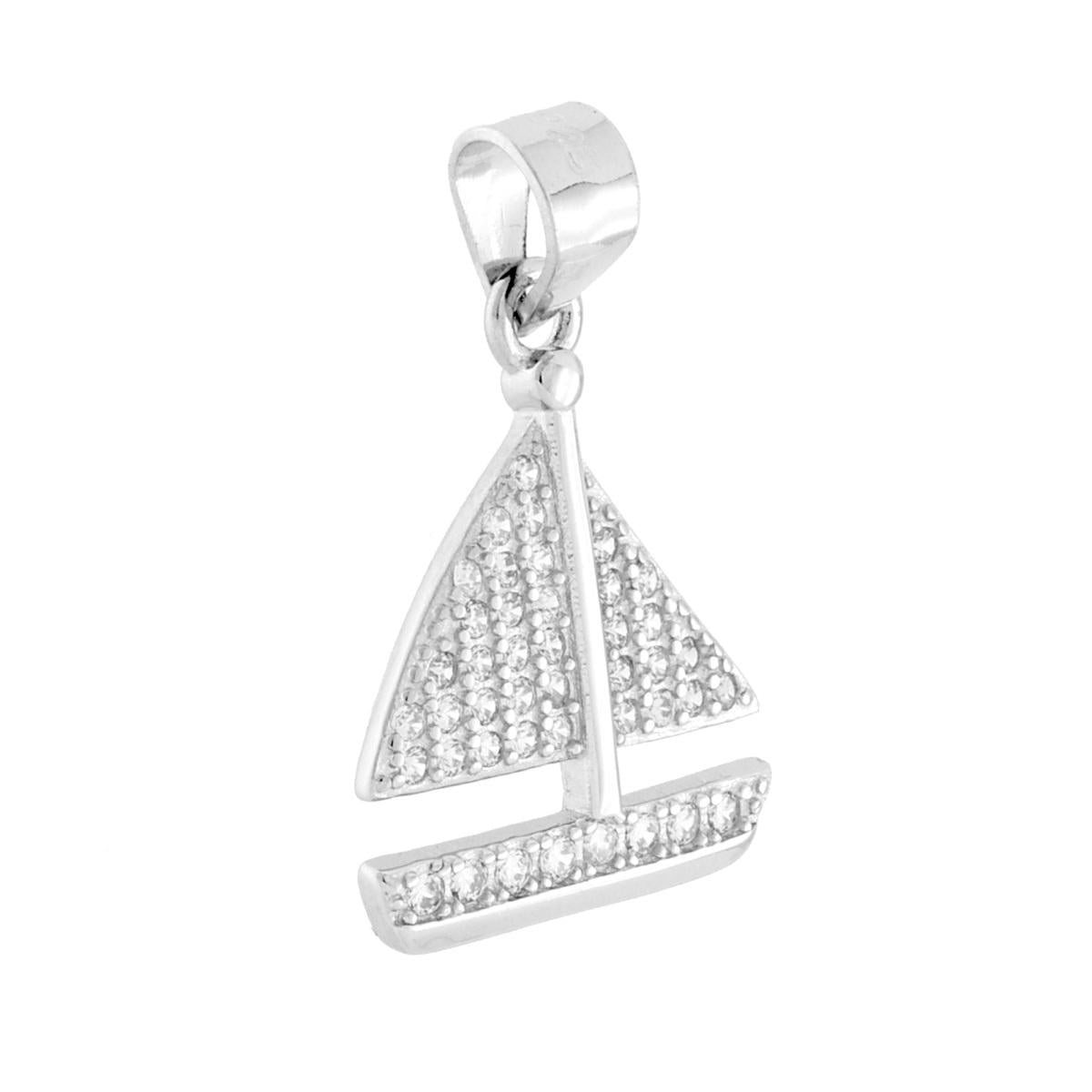 Ciondolo Barca a Vela con Cubic Zirconia Bianchi in ARGENTO 925 Galvanica Rodio