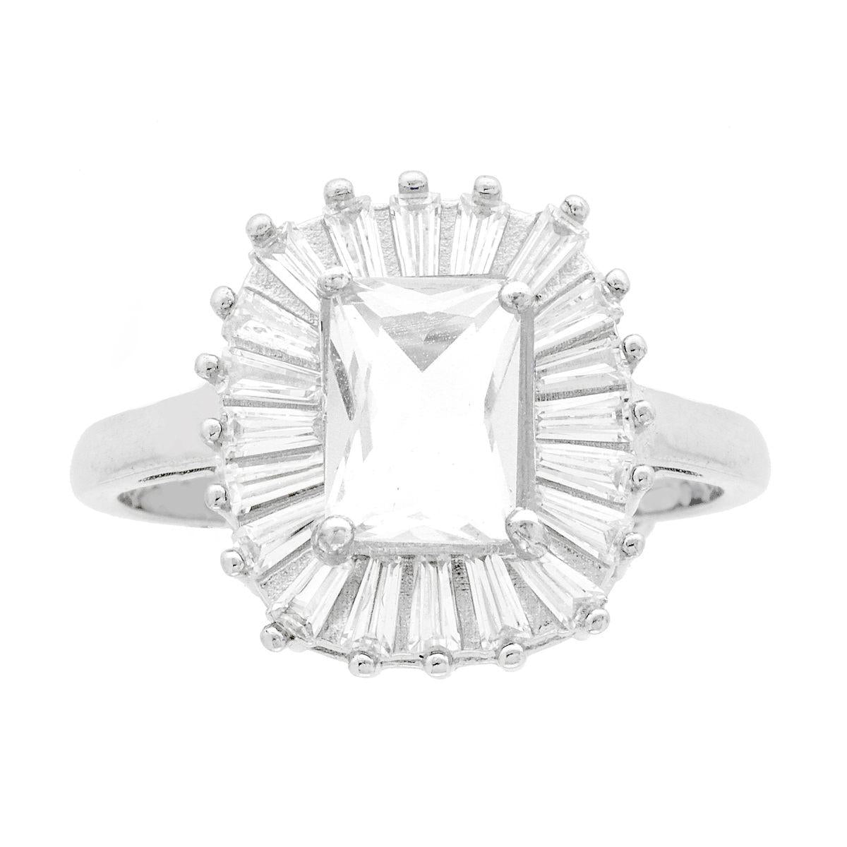 Anello Solitario Rettangolare Cubic Zirconia Bianco contornato da Cubic Zirconia Trapezio Bianchi in ARGENTO 925 Galvanica Rodio