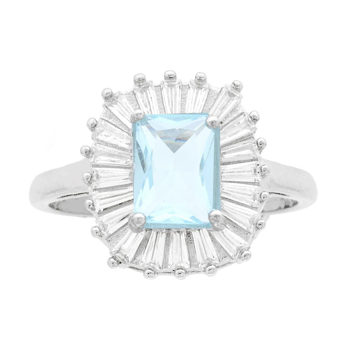 Anello Solitario Rettangolare Cubic Zirconia Acquamarina contornato da Cubic Zirconia Trapezio Bianchi in ARGENTO 925 Galvanica Rodio