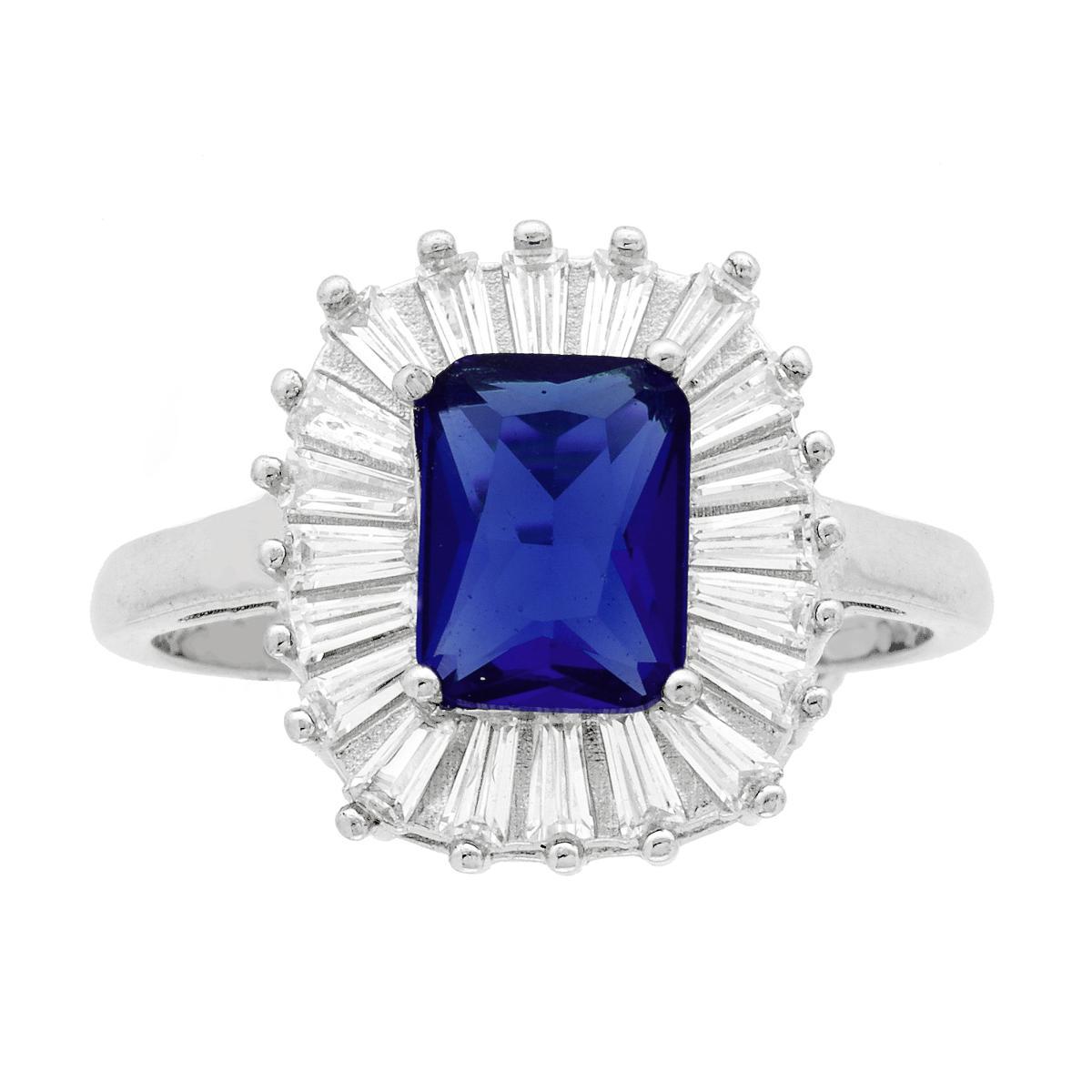 Anello Solitario Rettangolare Cubic Zirconia Blu Zaffiro contornato da Cubic Zirconia Trapezio Bianchi in ARGENTO 925 Galvanica Rodio