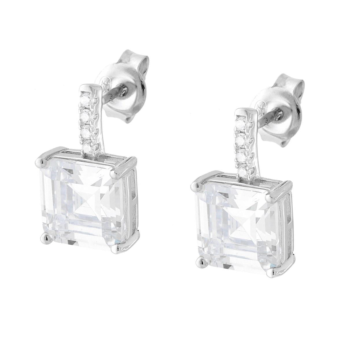 Orecchini Punto Luce Quadrato Carre con Cubic Zirconia Bianchi in ARGENTO 925 Galvanica Rodio