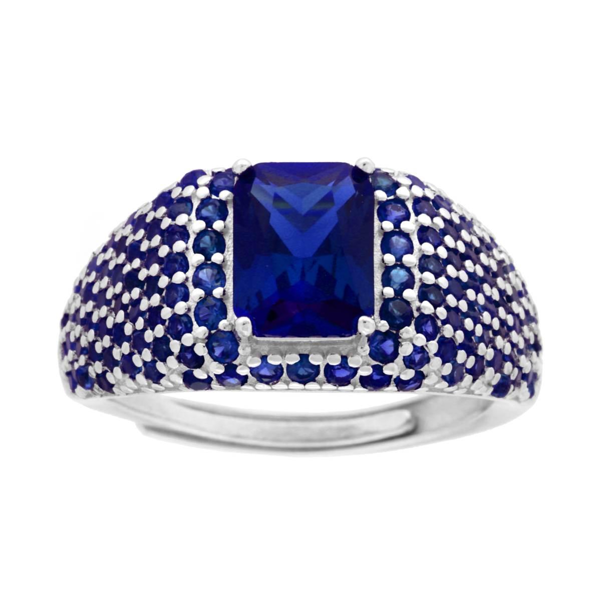 Anello Chevalier Sigillo Rettangolo Cubic Zirconia Blu Zaffiro in ARGENTO 925 Galvanica Rodio