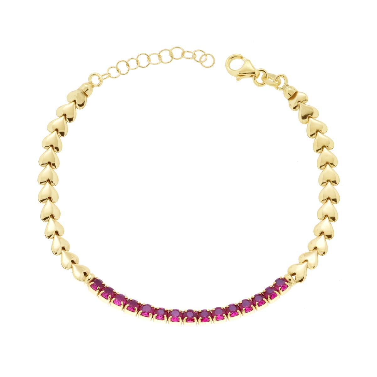 Bracciale Catena Cuori e Cubic Zirconia Rosso Rubino in ARGENTO 925 Galvanica Oro