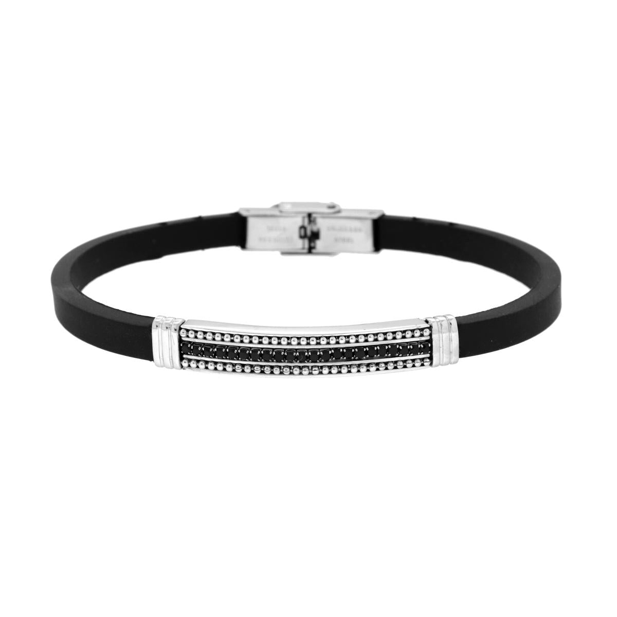 Bracciale in PVC Caucciu Nero con Targa e Cubic Zirconia Nero in ACCIAIO