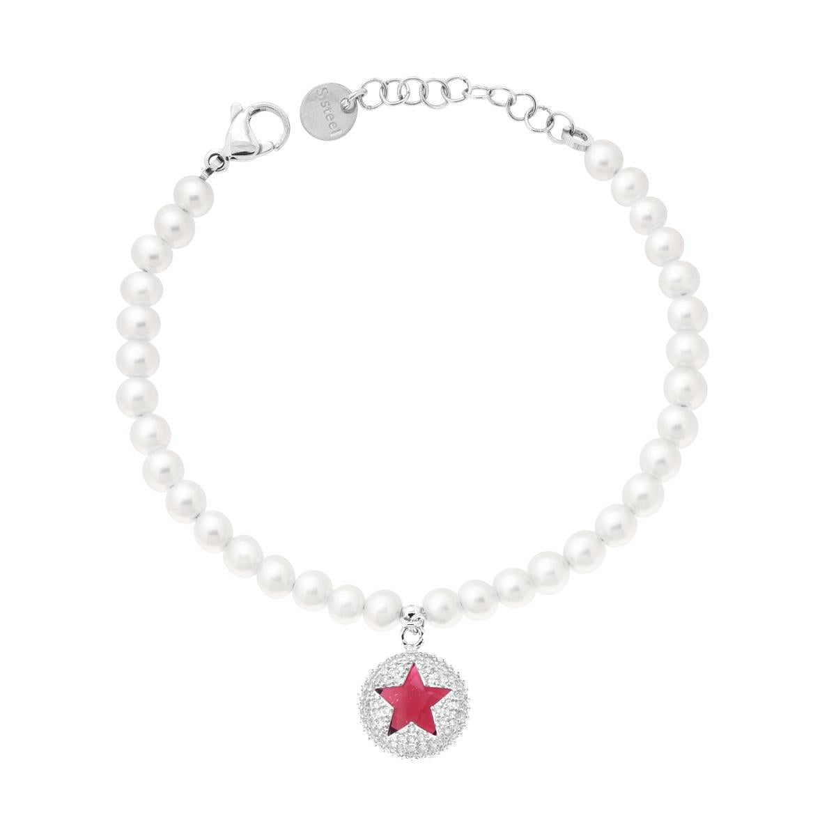 Bracciale Perle con Tondo Stella Crystal Rosso Rubino e Bianchi in ACCIAIO
