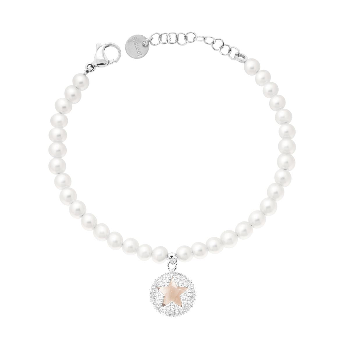 Bracciale Perle con Tondo Stella Crystal Champagne e Cubic Zirconia Bianchi in ACCIAIO