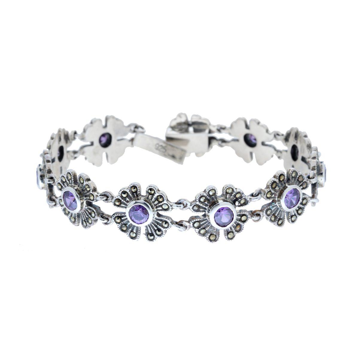 Bracciale Etnico Thailandese Fiori con Pietre Tonde Ametista e Marcassite in ARGENTO 925