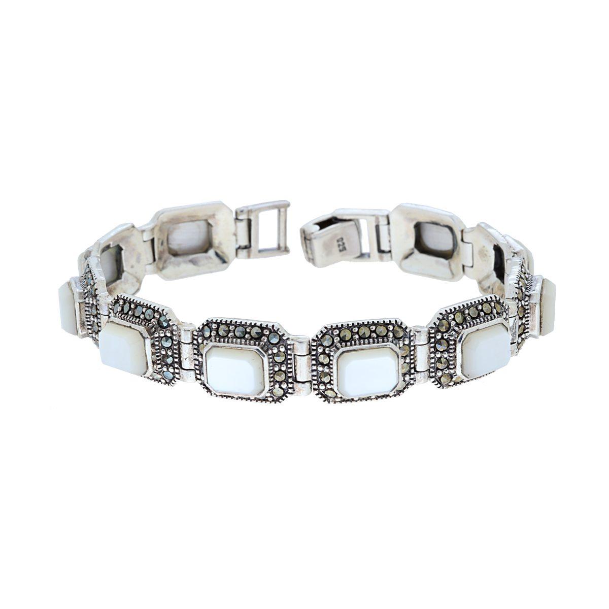 Bracciale Etnico Thailandese con Pietre Rettangolari Madreperla e Marcassite in ARGENTO 925