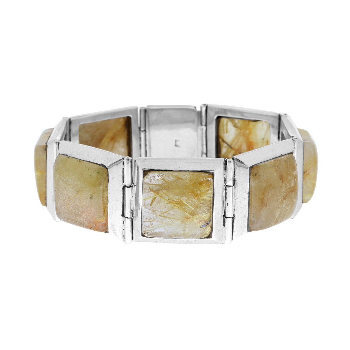 Bracciale Fascia Etnico Thailandese Maglia Quadrata con Pietre Quarzo Rutilato in ARGENTO 925