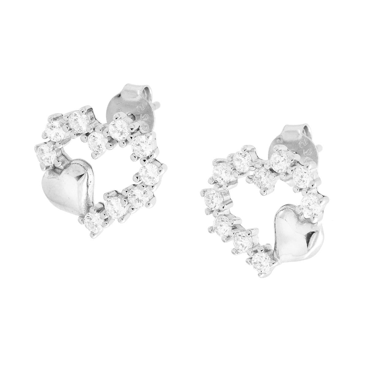 Orecchini Cuore con Cubic Zirconia Bianchi e Cuoricino Lucido in ARGENTO 925 Galvanica Rodio