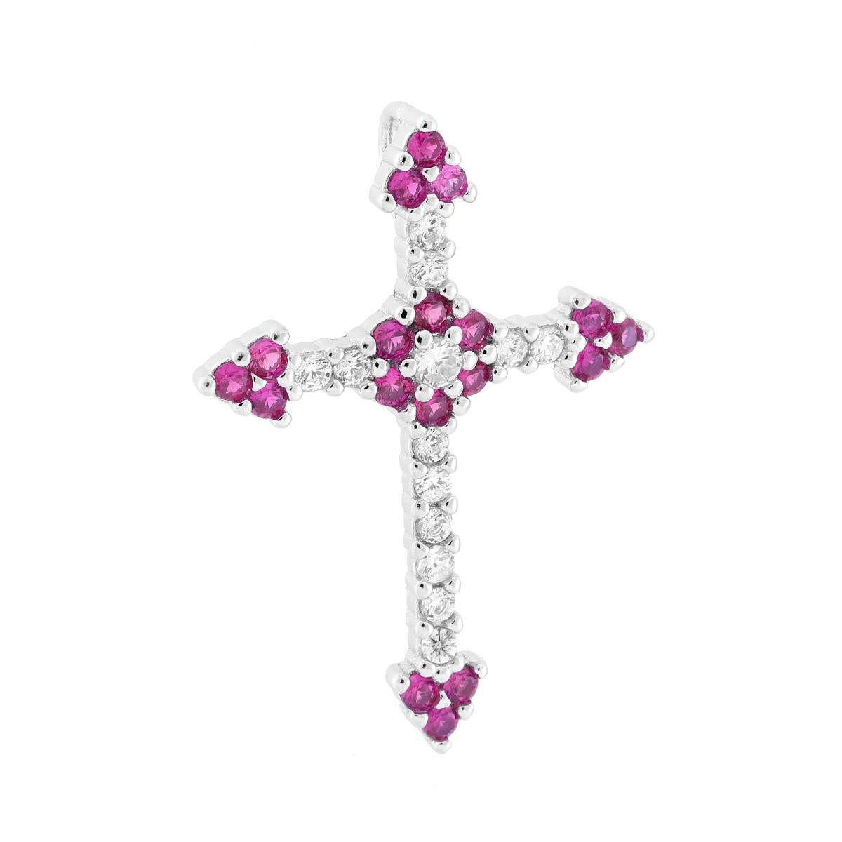 Ciondolo Croce Romana con Cubic Zirconia Rosso Rubino e Bianchi in ARGENTO 925 Galvanica Rodio