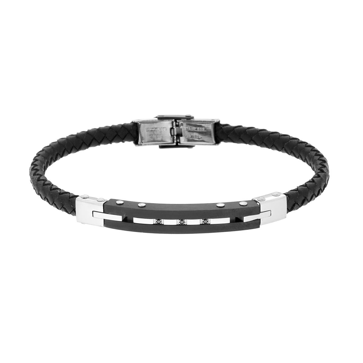 Bracciale Uomo in Ecopelle Intrecciata colore Nero con Targa e Crystal Neri in ACCIAIO