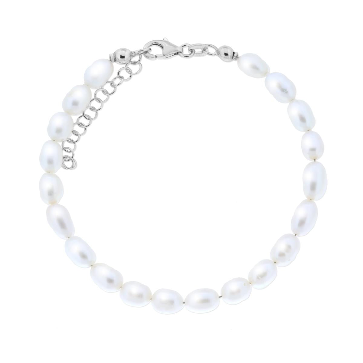 Bracciale Catena con filo di Perle Ovali Naturali di Fiume mm 5,5 in ARGENTO 925 Galvanica Rodio