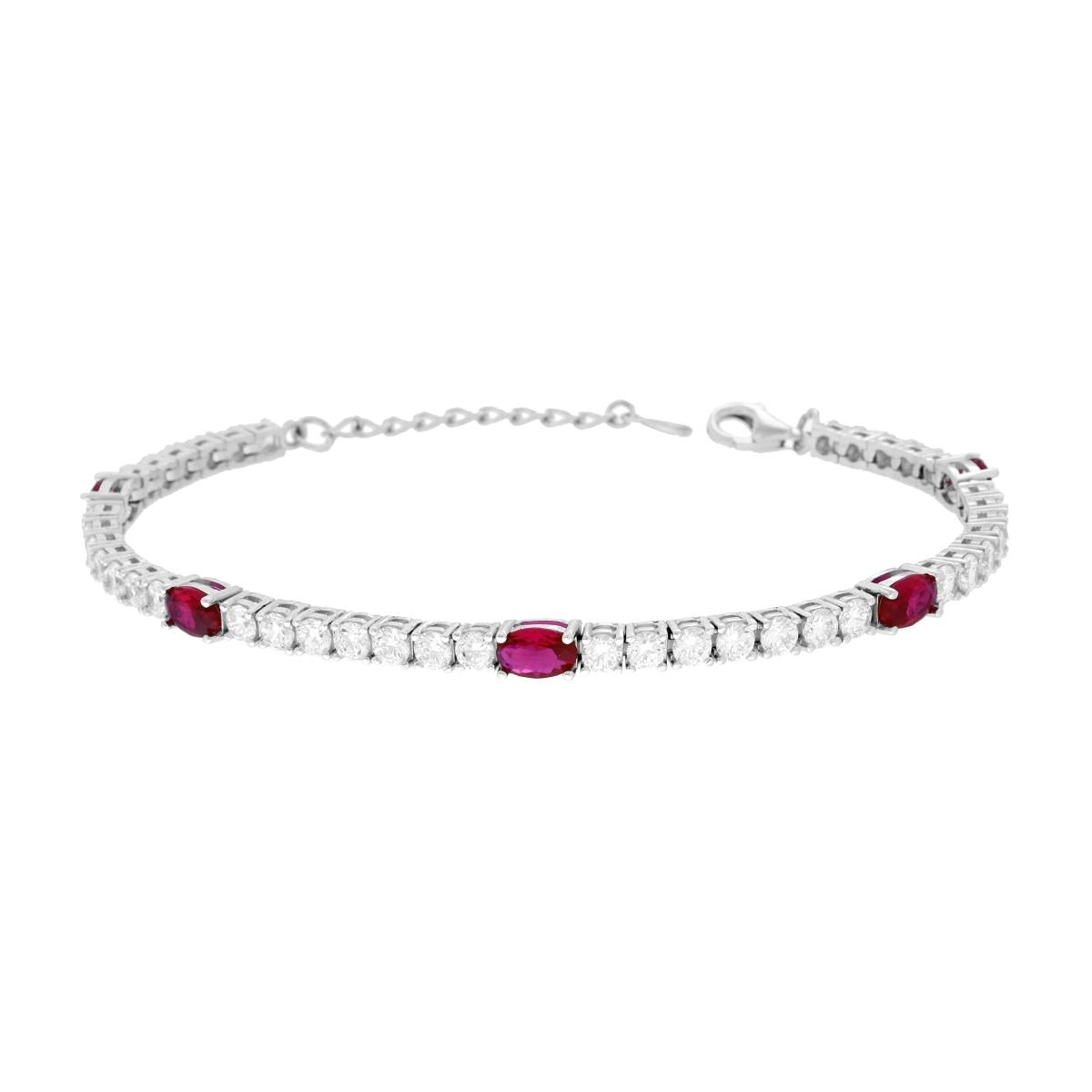 Bracciale Tennis cm 17+3 con Ovali Cubic Zirconia Rosso Rubino e Bianchi in ARGENTO 925 Galvanica Rodio